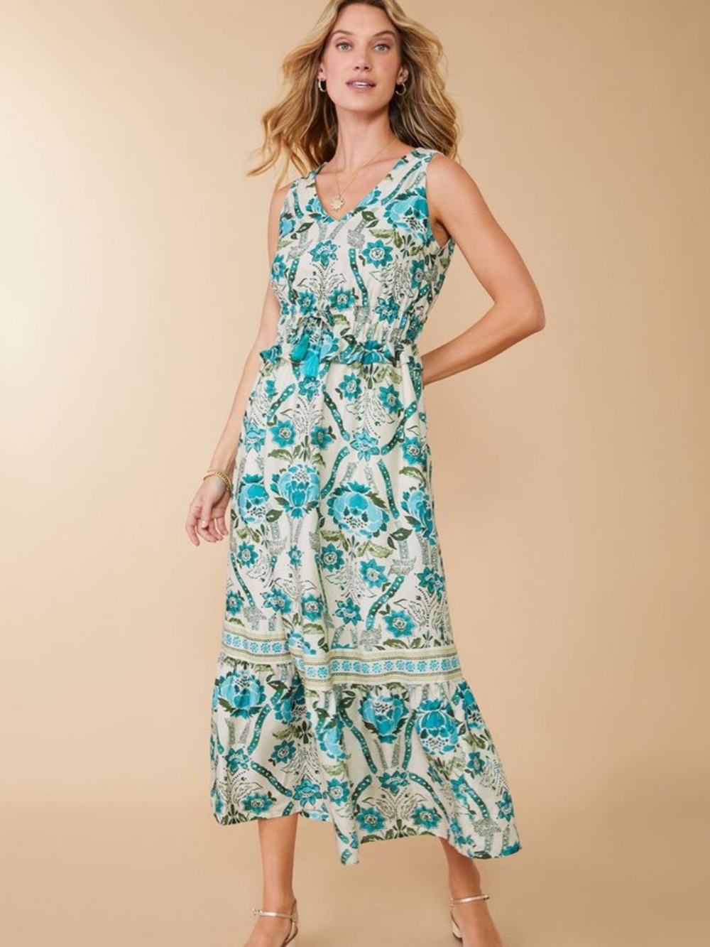 NEW Spartina 449 Justine Midi Dress in Mystic Moss Stencil Blue